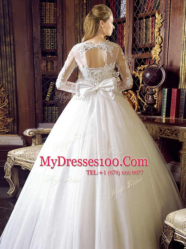 Sumptuous Scoop Long Sleeves Floor Length Lace Up Wedding Gown White for Wedding Party with Lace and Bowknot