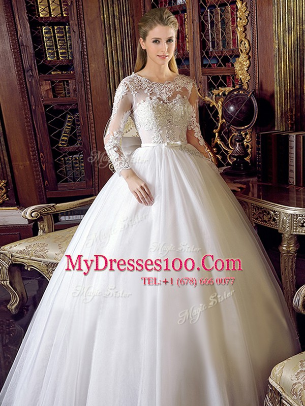 Sumptuous Scoop Long Sleeves Floor Length Lace Up Wedding Gown White for Wedding Party with Lace and Bowknot