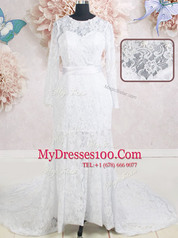 Amazing White Empire Scoop Long Sleeves Lace With Brush Train Zipper Beading and Belt Bridal Gown