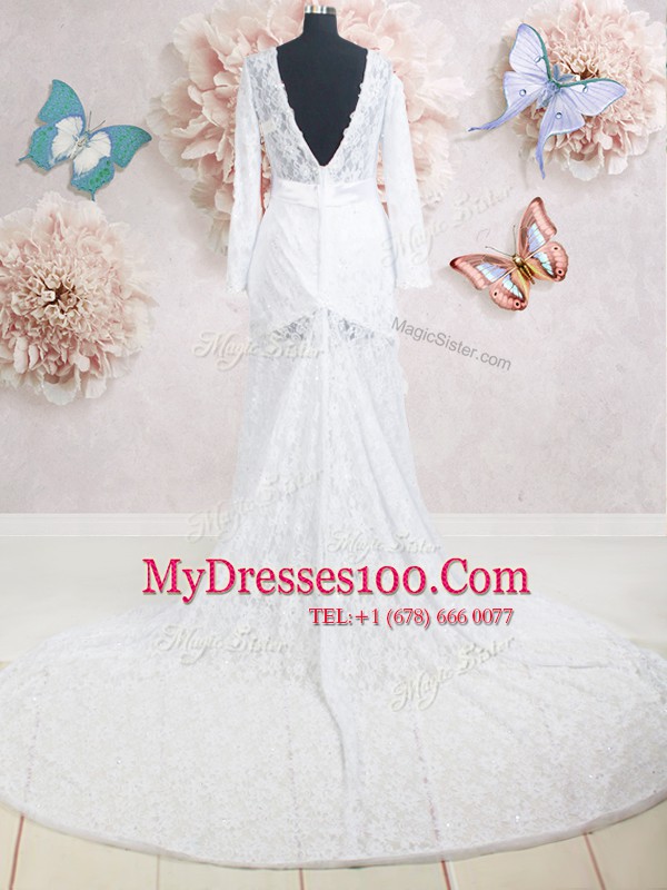 Amazing White Empire Scoop Long Sleeves Lace With Brush Train Zipper Beading and Belt Bridal Gown