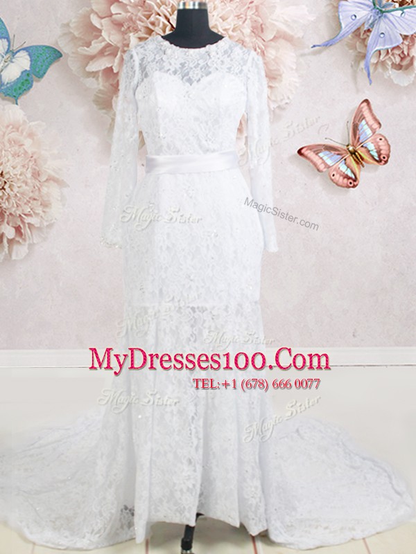 Amazing White Empire Scoop Long Sleeves Lace With Brush Train Zipper Beading and Belt Bridal Gown