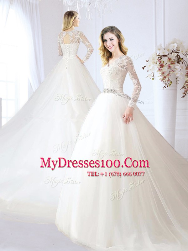 White Long Sleeves Tulle Chapel Train Lace Up Bridal Gown for Wedding Party
