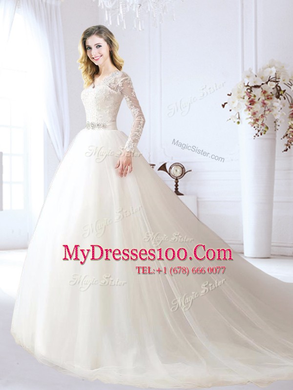 White Long Sleeves Tulle Chapel Train Lace Up Bridal Gown for Wedding Party