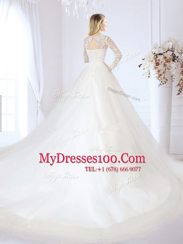 White Long Sleeves Tulle Chapel Train Lace Up Bridal Gown for Wedding Party