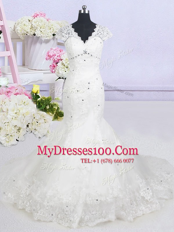 Amazing With Train Mermaid Cap Sleeves White Wedding Gown Brush Train Lace Up