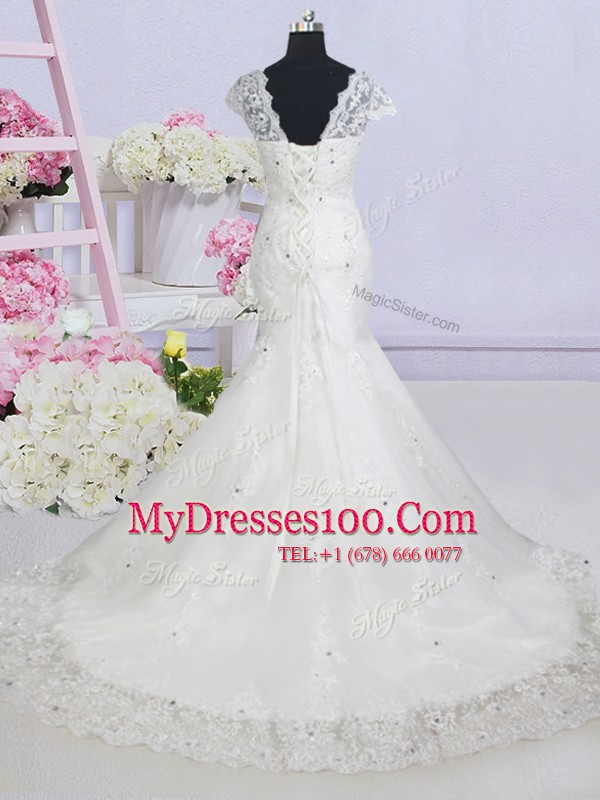 Amazing With Train Mermaid Cap Sleeves White Wedding Gown Brush Train Lace Up