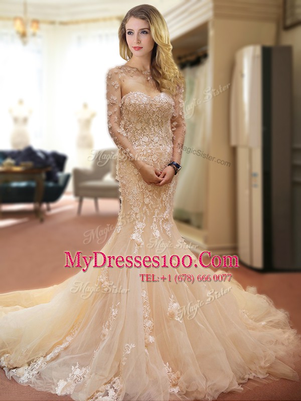 Mermaid With Train Champagne Wedding Gowns Sweetheart Sleeveless Court Train Lace Up
