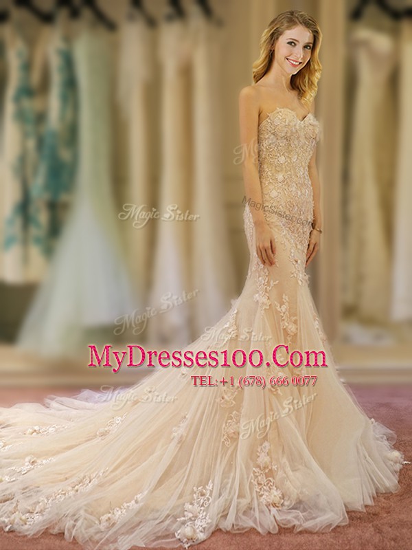 Mermaid With Train Champagne Wedding Gowns Sweetheart Sleeveless Court Train Lace Up