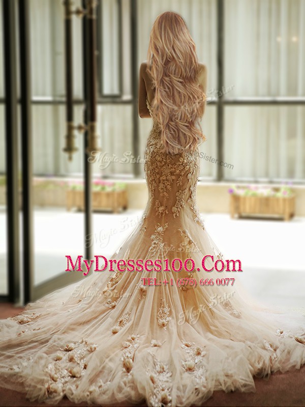 Mermaid With Train Champagne Wedding Gowns Sweetheart Sleeveless Court Train Lace Up