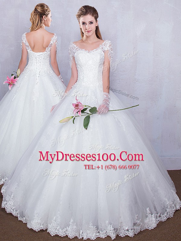 Stunning Lace Wedding Dress White Lace Up Short Sleeves Floor Length