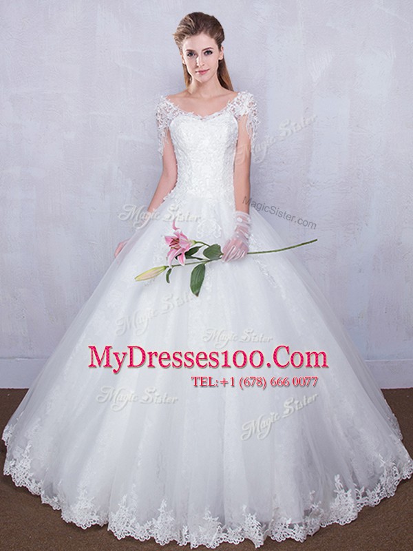 Stunning Lace Wedding Dress White Lace Up Short Sleeves Floor Length