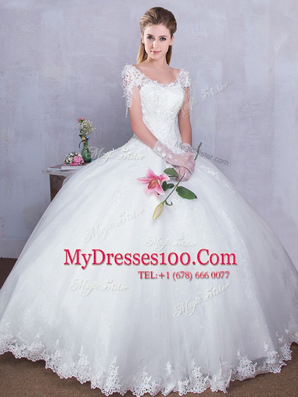 Stunning Lace Wedding Dress White Lace Up Short Sleeves Floor Length