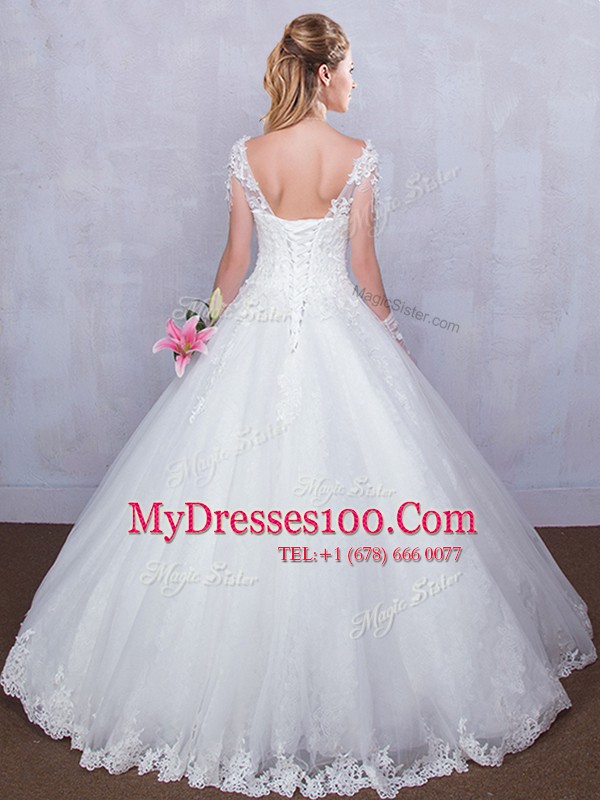 Stunning Lace Wedding Dress White Lace Up Short Sleeves Floor Length