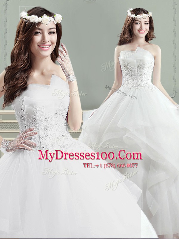 White Ball Gowns Beading and Appliques Bridal Gown Lace Up Tulle Sleeveless Floor Length
