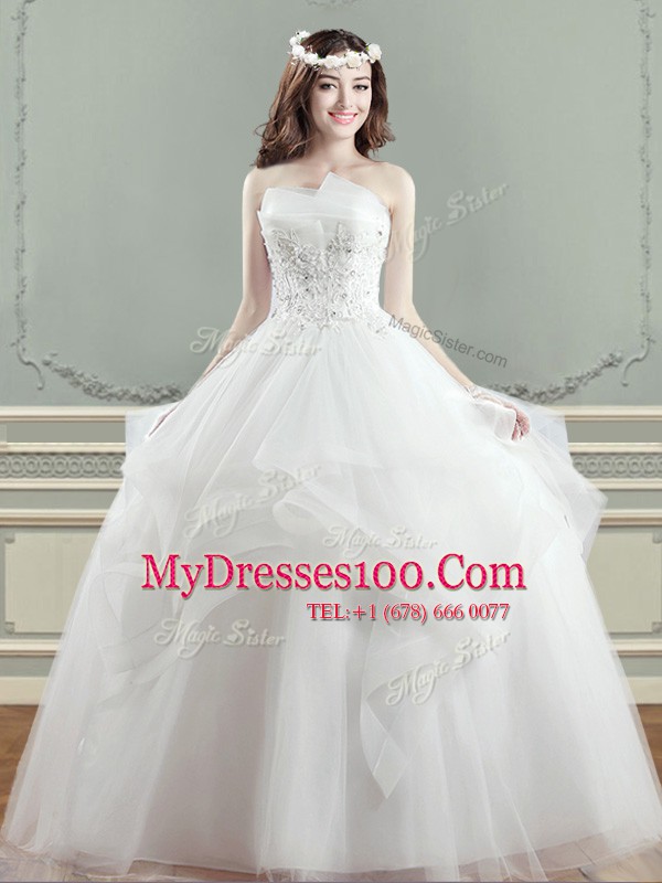 White Ball Gowns Beading and Appliques Bridal Gown Lace Up Tulle Sleeveless Floor Length