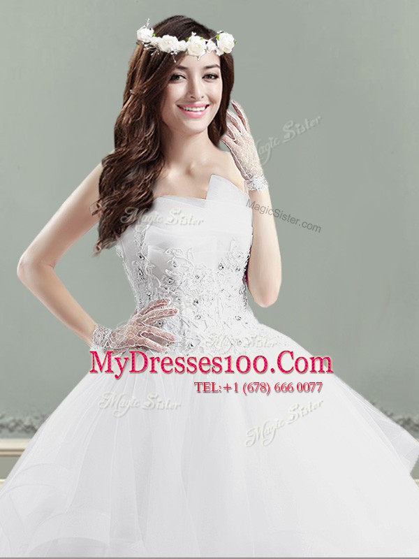 White Ball Gowns Beading and Appliques Bridal Gown Lace Up Tulle Sleeveless Floor Length