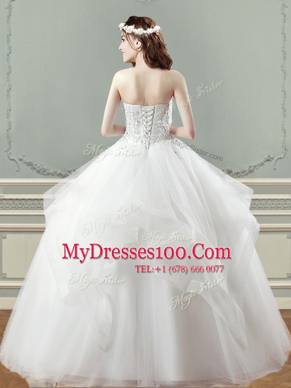 White Ball Gowns Beading and Appliques Bridal Gown Lace Up Tulle Sleeveless Floor Length