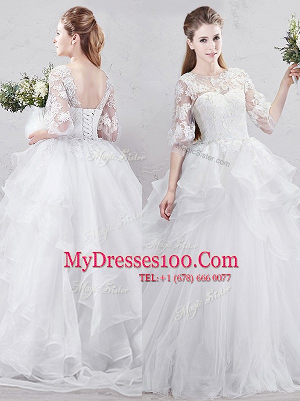 Inexpensive Scoop White Lace Up Wedding Gown Lace and Ruffles Half Sleeves With Brush Train