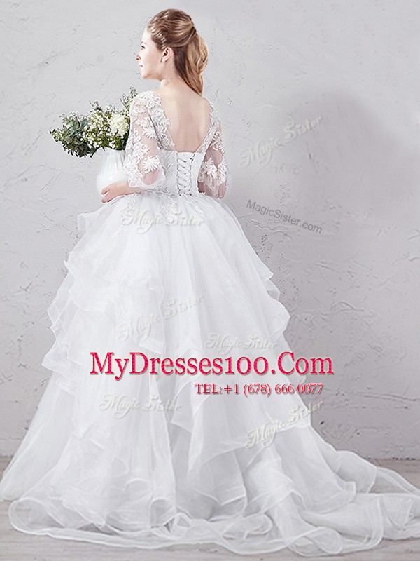 Inexpensive Scoop White Lace Up Wedding Gown Lace and Ruffles Half Sleeves With Brush Train