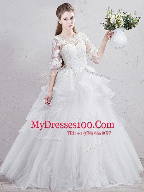 Inexpensive Scoop White Lace Up Wedding Gown Lace and Ruffles Half Sleeves With Brush Train