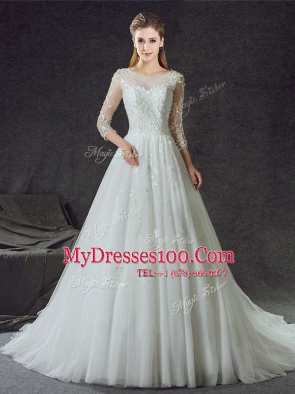 Luxury Court Train A-line Wedding Gown White Scoop Tulle 3 4 Length Sleeve Lace Up