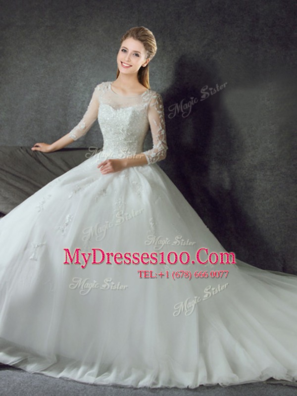 Luxury Court Train A-line Wedding Gown White Scoop Tulle 3 4 Length Sleeve Lace Up
