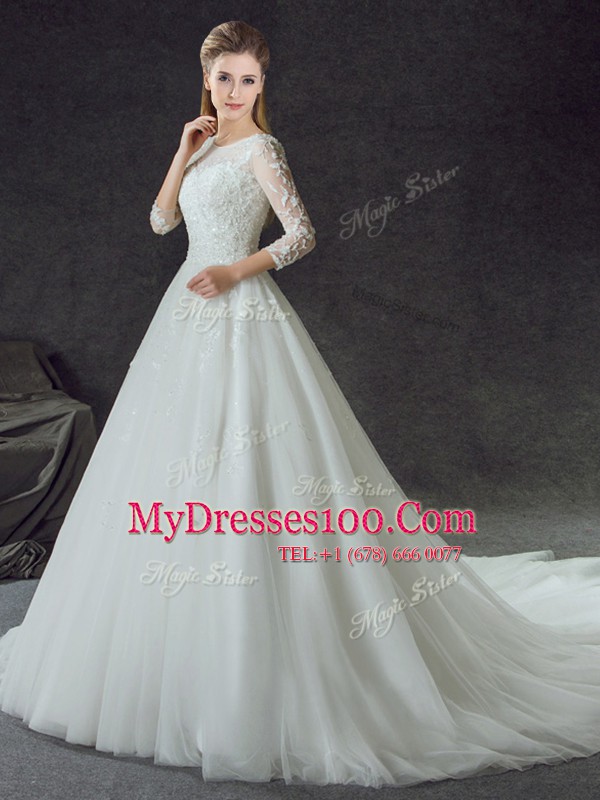 Luxury Court Train A-line Wedding Gown White Scoop Tulle 3 4 Length Sleeve Lace Up