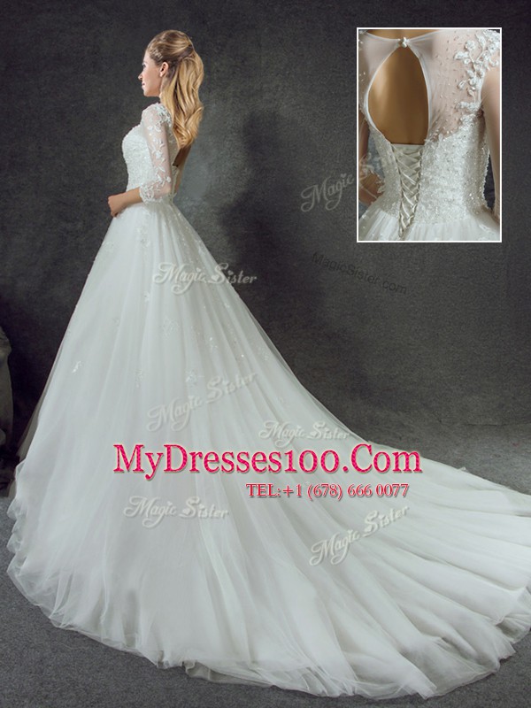 Luxury Court Train A-line Wedding Gown White Scoop Tulle 3 4 Length Sleeve Lace Up