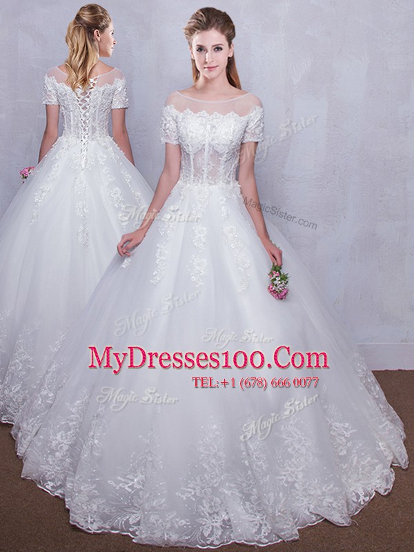 Artistic Scoop See Through Short Sleeves Floor Length Lace Lace Up Bridal Gown with White