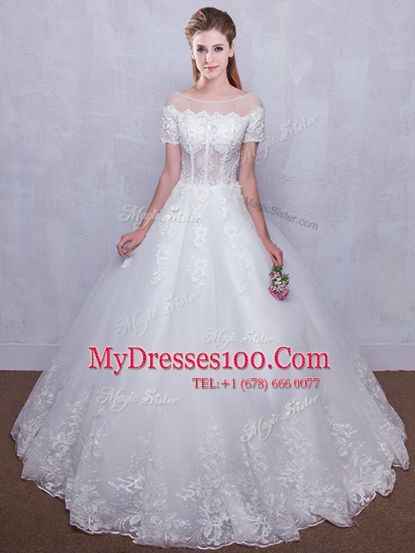 Artistic Scoop See Through Short Sleeves Floor Length Lace Lace Up Bridal Gown with White