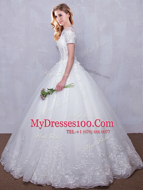 Artistic Scoop See Through Short Sleeves Floor Length Lace Lace Up Bridal Gown with White