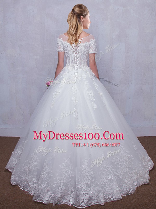 Artistic Scoop See Through Short Sleeves Floor Length Lace Lace Up Bridal Gown with White