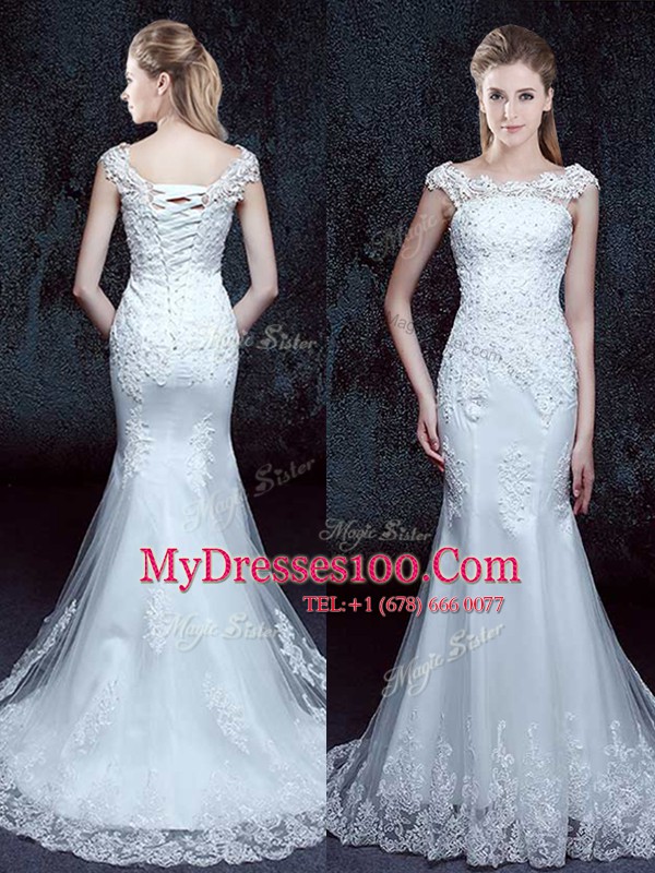 Edgy Mermaid Scoop Lace Bridal Gown White Lace Up Cap Sleeves With Brush Train
