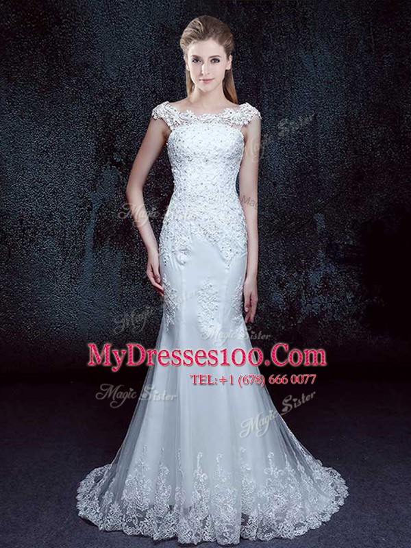 Edgy Mermaid Scoop Lace Bridal Gown White Lace Up Cap Sleeves With Brush Train