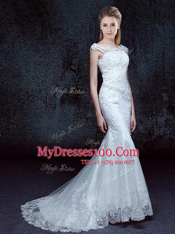 Edgy Mermaid Scoop Lace Bridal Gown White Lace Up Cap Sleeves With Brush Train
