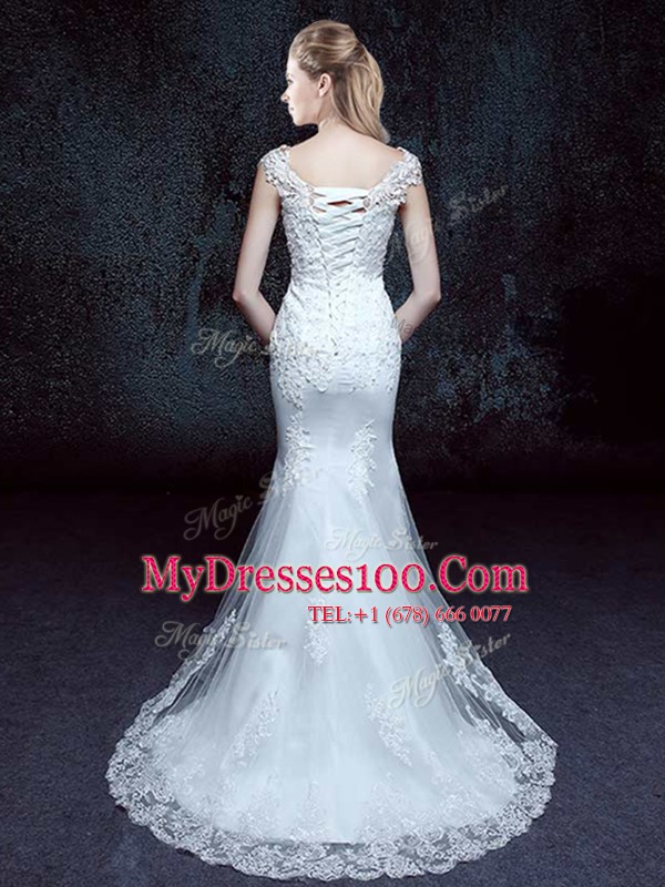 Edgy Mermaid Scoop Lace Bridal Gown White Lace Up Cap Sleeves With Brush Train