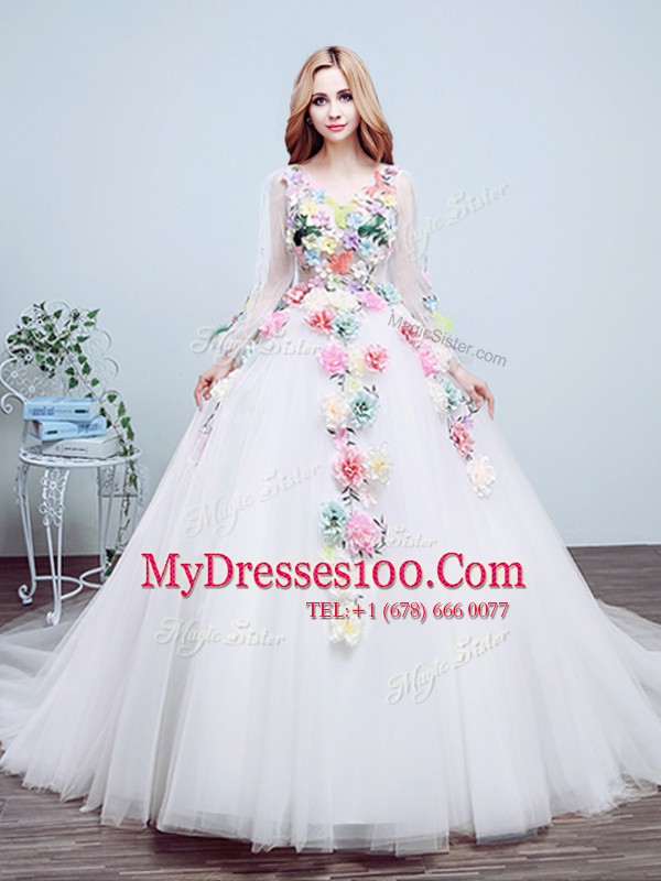 Colorful Long Sleeves With Train Lace Up Bridal Gown White for Wedding Party with Appliques and Hand Made Flower Court Train