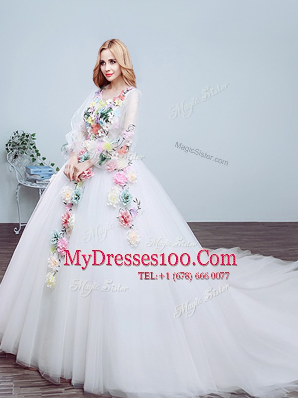 Colorful Long Sleeves With Train Lace Up Bridal Gown White for Wedding Party with Appliques and Hand Made Flower Court Train