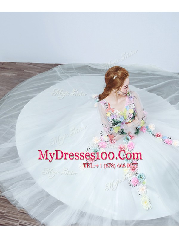 Colorful Long Sleeves With Train Lace Up Bridal Gown White for Wedding Party with Appliques and Hand Made Flower Court Train