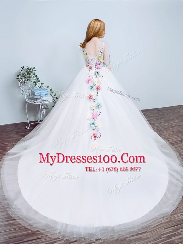 Colorful Long Sleeves With Train Lace Up Bridal Gown White for Wedding Party with Appliques and Hand Made Flower Court Train