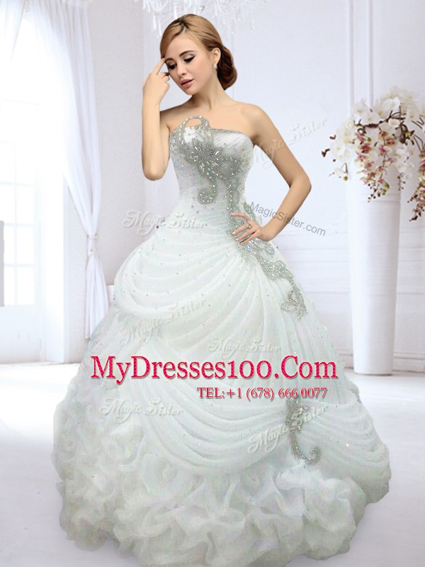 Modest Floor Length White Wedding Gown Organza Sleeveless Beading and Pick Ups