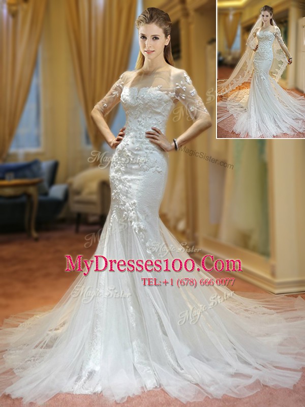 Enchanting White Mermaid Scoop Half Sleeves Tulle With Brush Train Lace Up Appliques Wedding Gowns