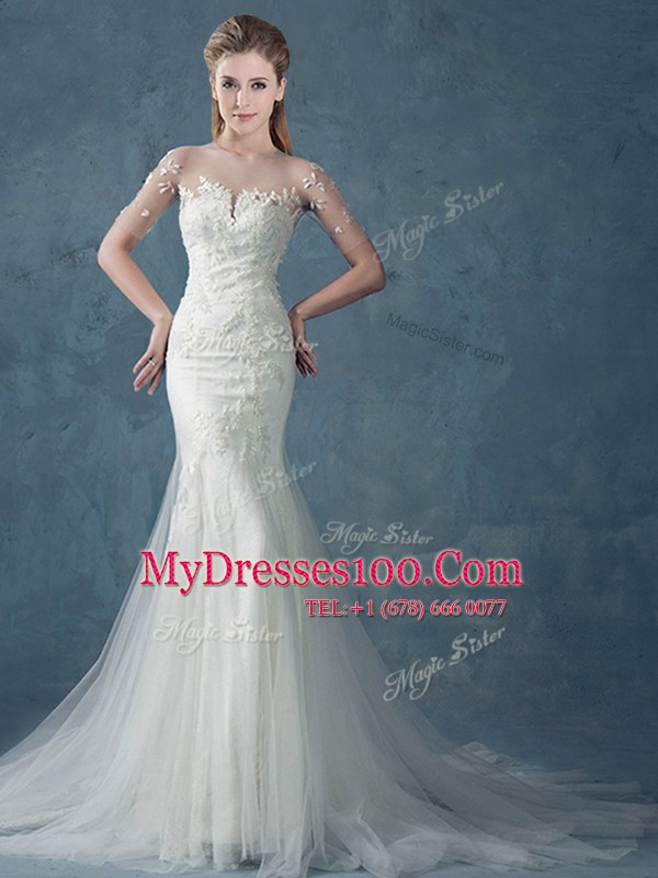 Enchanting White Mermaid Scoop Half Sleeves Tulle With Brush Train Lace Up Appliques Wedding Gowns