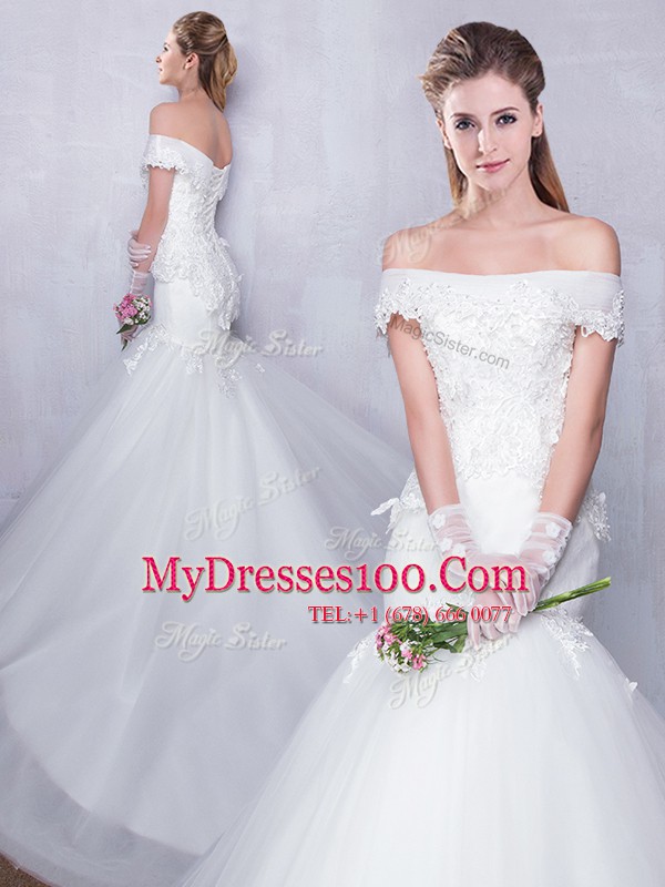 Off the Shoulder With Train Mermaid Sleeveless White Wedding Gown Court Train Lace Up