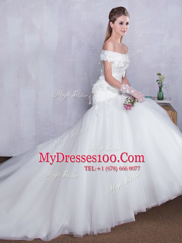 Off the Shoulder With Train Mermaid Sleeveless White Wedding Gown Court Train Lace Up