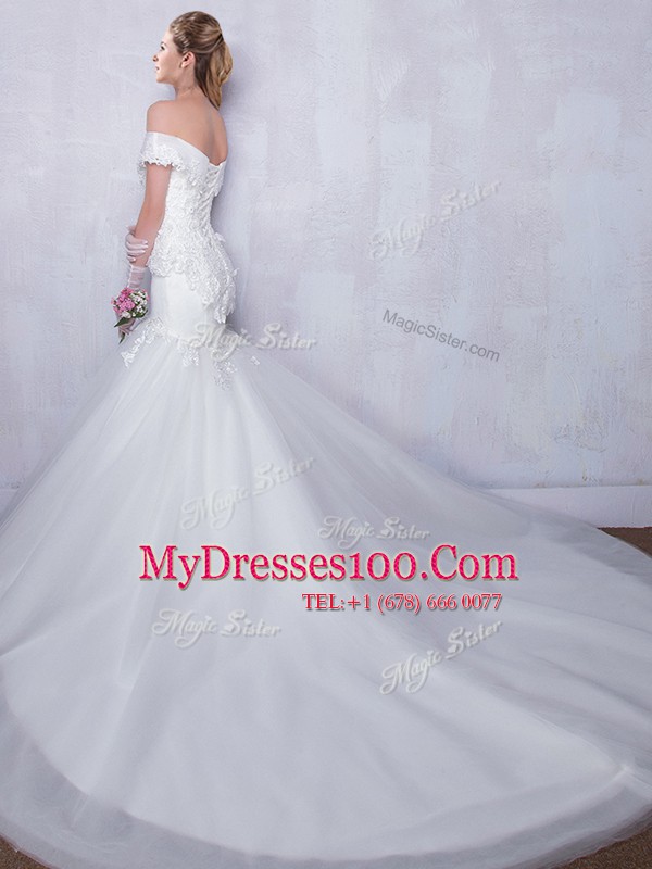 Off the Shoulder With Train Mermaid Sleeveless White Wedding Gown Court Train Lace Up