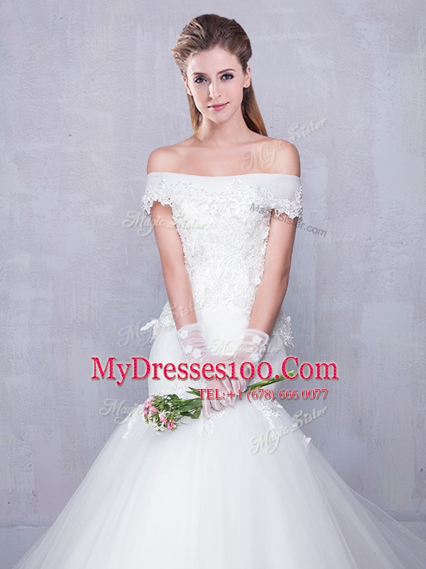 Off the Shoulder With Train Mermaid Sleeveless White Wedding Gown Court Train Lace Up