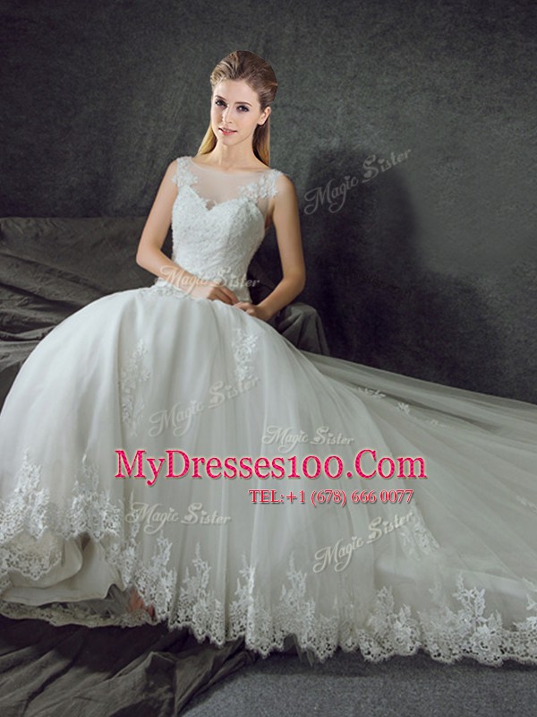 Attractive Mermaid White Lace Up Scoop Lace and Appliques Wedding Dress Tulle Sleeveless Court Train