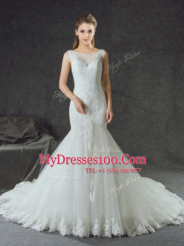 Attractive Mermaid White Lace Up Scoop Lace and Appliques Wedding Dress Tulle Sleeveless Court Train