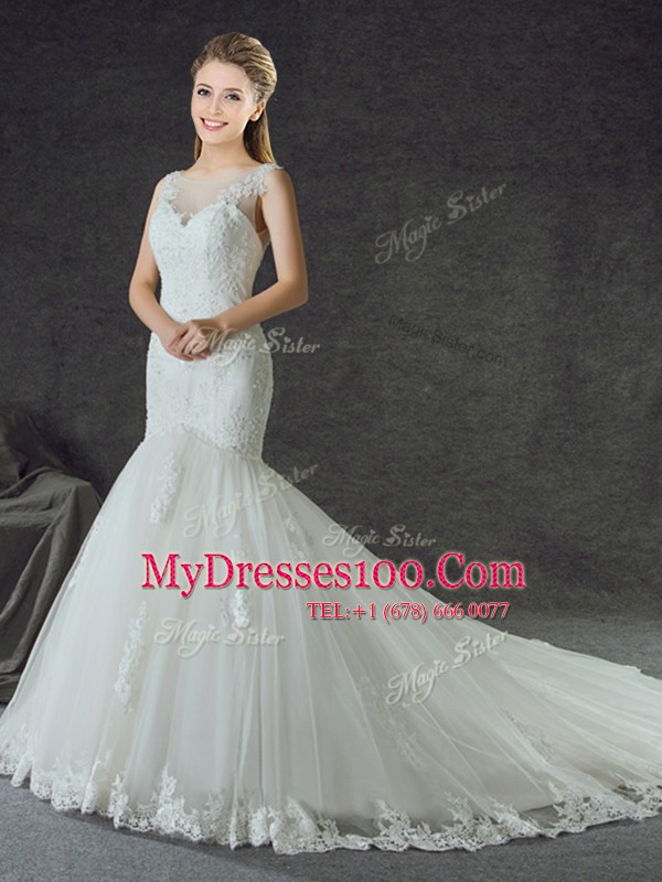 Attractive Mermaid White Lace Up Scoop Lace and Appliques Wedding Dress Tulle Sleeveless Court Train